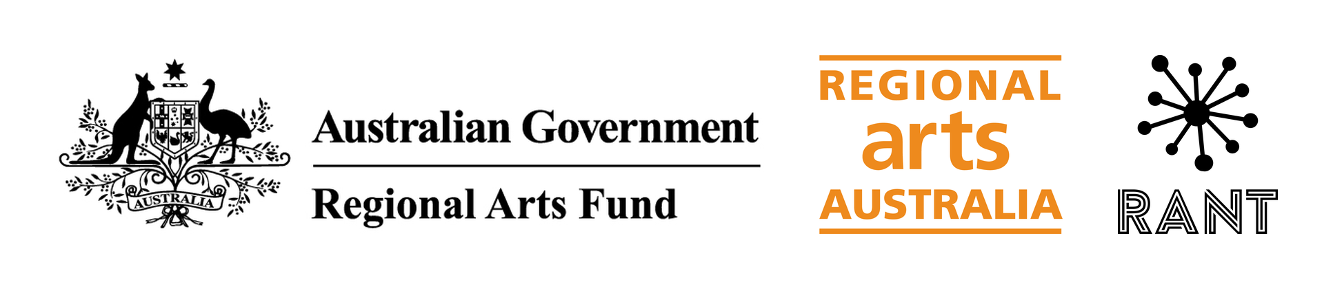 Logos of the Australian Government Regional Arts Fund, Regional Arts Australia and RANT Arts